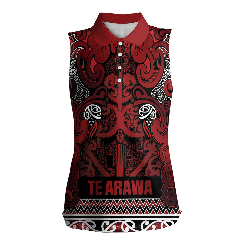 Aotearoa Iwi Te Arawa Women Sleeveless Polo Shirt Maori Wharenui House Tribal Pattern LT9 Female Dark Red - Polynesian Pride
