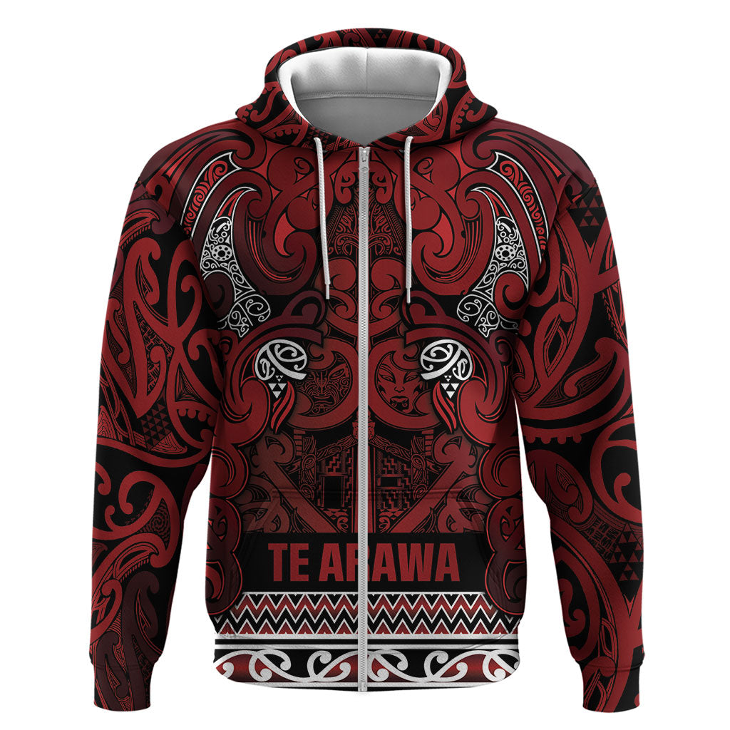 Aotearoa Iwi Te Arawa Zip Hoodie Maori Wharenui House Tribal Pattern LT9 Zip Hoodie Dark Red - Polynesian Pride