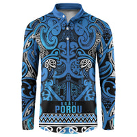 Aotearoa Iwi Ngati Porou Button Sweatshirt Maori Wharenui House Tribal Pattern LT9 Blue - Polynesian Pride