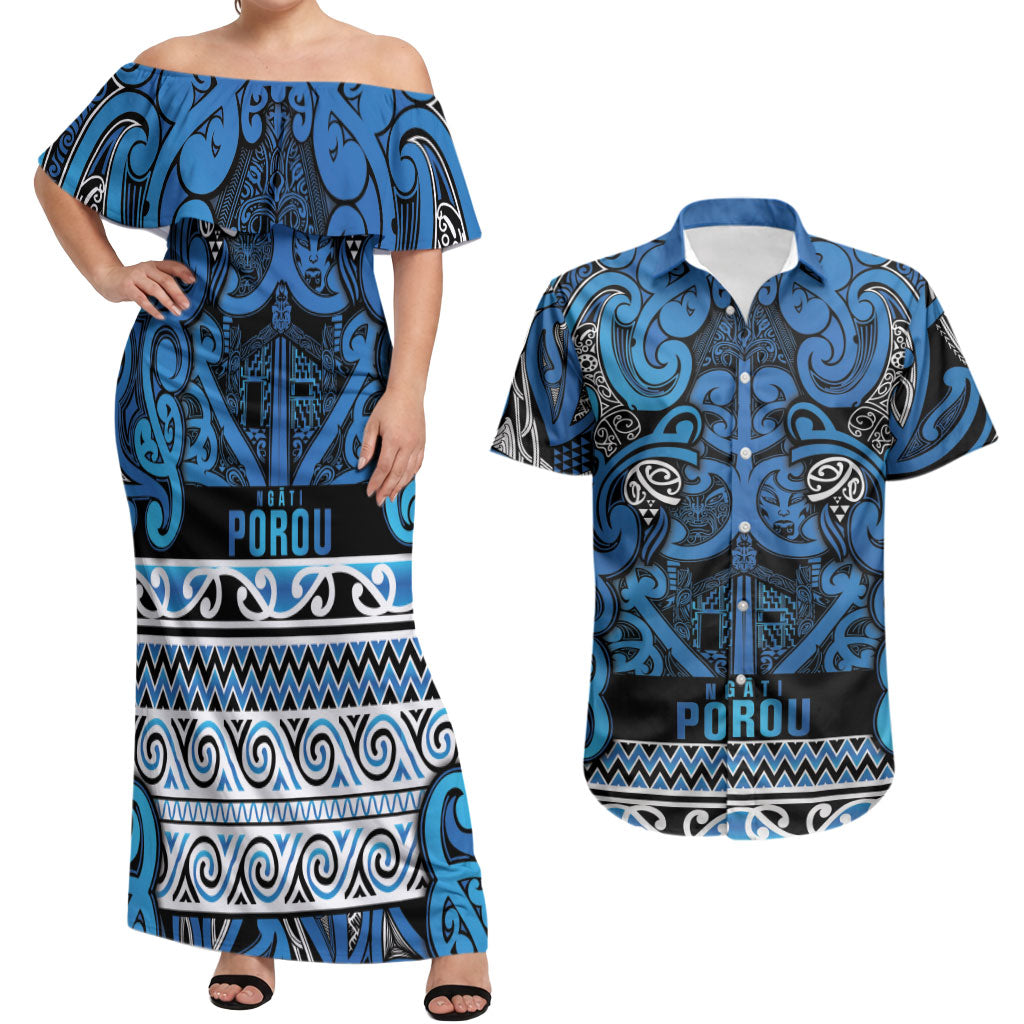 Aotearoa Iwi Ngati Porou Couples Matching Off Shoulder Maxi Dress and Hawaiian Shirt Maori Wharenui House Tribal Pattern LT9 Blue - Polynesian Pride