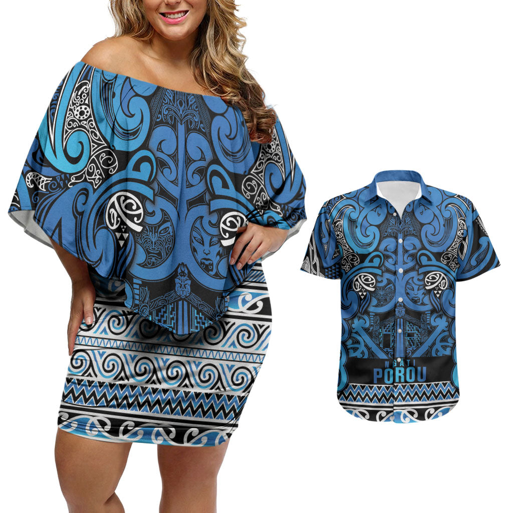 Aotearoa Iwi Ngati Porou Couples Matching Off Shoulder Short Dress and Hawaiian Shirt Maori Wharenui House Tribal Pattern LT9 Blue - Polynesian Pride