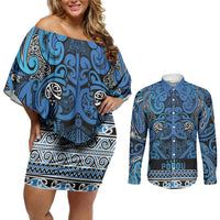 Aotearoa Iwi Ngati Porou Couples Matching Off Shoulder Short Dress and Long Sleeve Button Shirt Maori Wharenui House Tribal Pattern LT9 Blue - Polynesian Pride