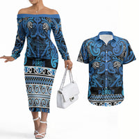 Aotearoa Iwi Ngati Porou Couples Matching Off The Shoulder Long Sleeve Dress and Hawaiian Shirt Maori Wharenui House Tribal Pattern LT9 Blue - Polynesian Pride