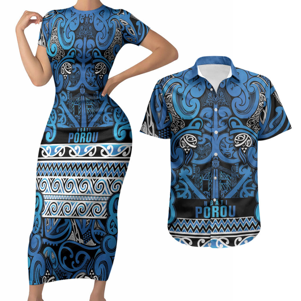 Aotearoa Iwi Ngati Porou Couples Matching Short Sleeve Bodycon Dress and Hawaiian Shirt Maori Wharenui House Tribal Pattern LT9 Blue - Polynesian Pride