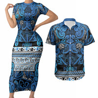 Aotearoa Iwi Ngati Porou Couples Matching Short Sleeve Bodycon Dress and Hawaiian Shirt Maori Wharenui House Tribal Pattern LT9 Blue - Polynesian Pride