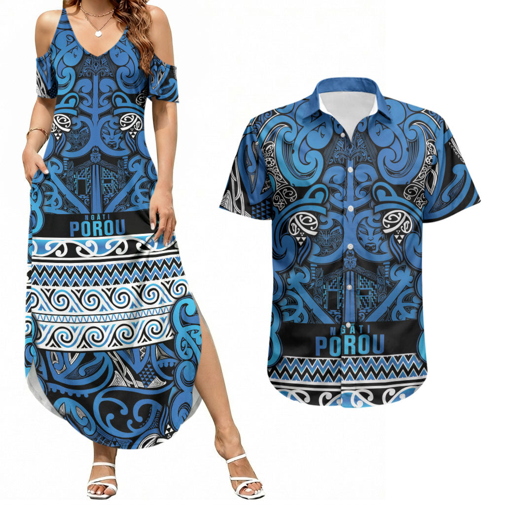 Aotearoa Iwi Ngati Porou Couples Matching Summer Maxi Dress and Hawaiian Shirt Maori Wharenui House Tribal Pattern LT9 Blue - Polynesian Pride