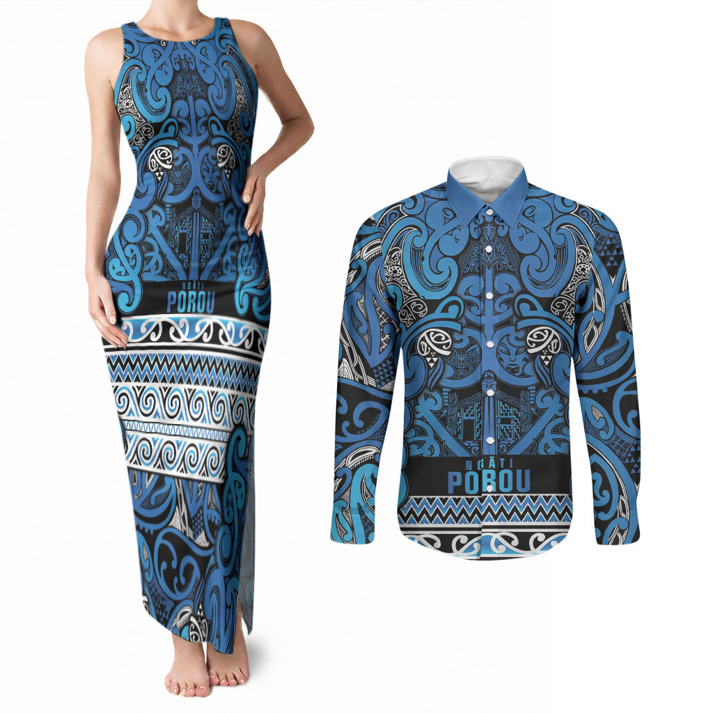 Aotearoa Iwi Ngati Porou Couples Matching Tank Maxi Dress and Long Sleeve Button Shirt Maori Wharenui House Tribal Pattern LT9 Blue - Polynesian Pride