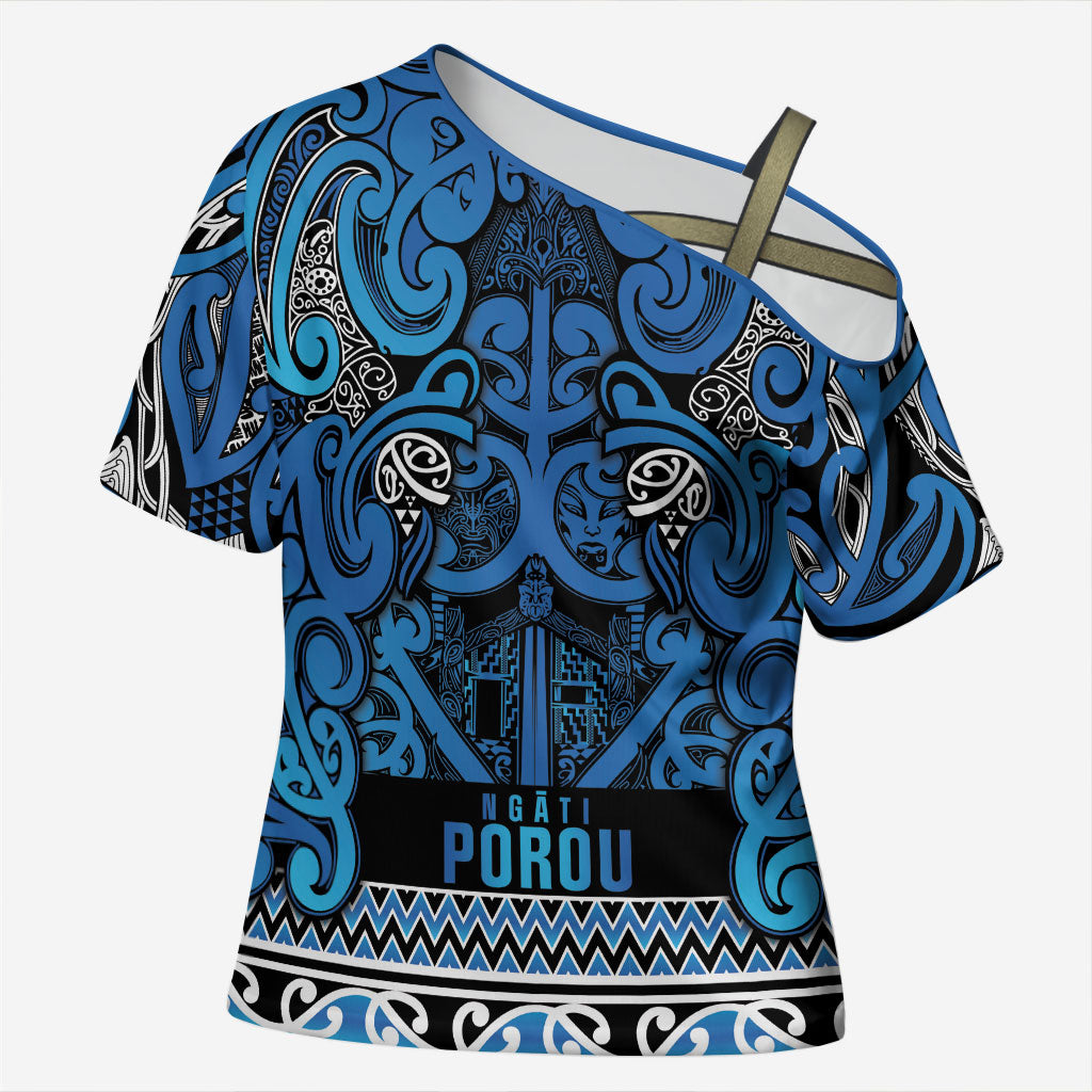 Aotearoa Iwi Ngati Porou Cross Shoulder Shirt Maori Wharenui House Tribal Pattern LT9 Female Blue - Polynesian Pride