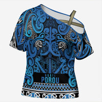 Aotearoa Iwi Ngati Porou Cross Shoulder Shirt Maori Wharenui House Tribal Pattern LT9 Female Blue - Polynesian Pride