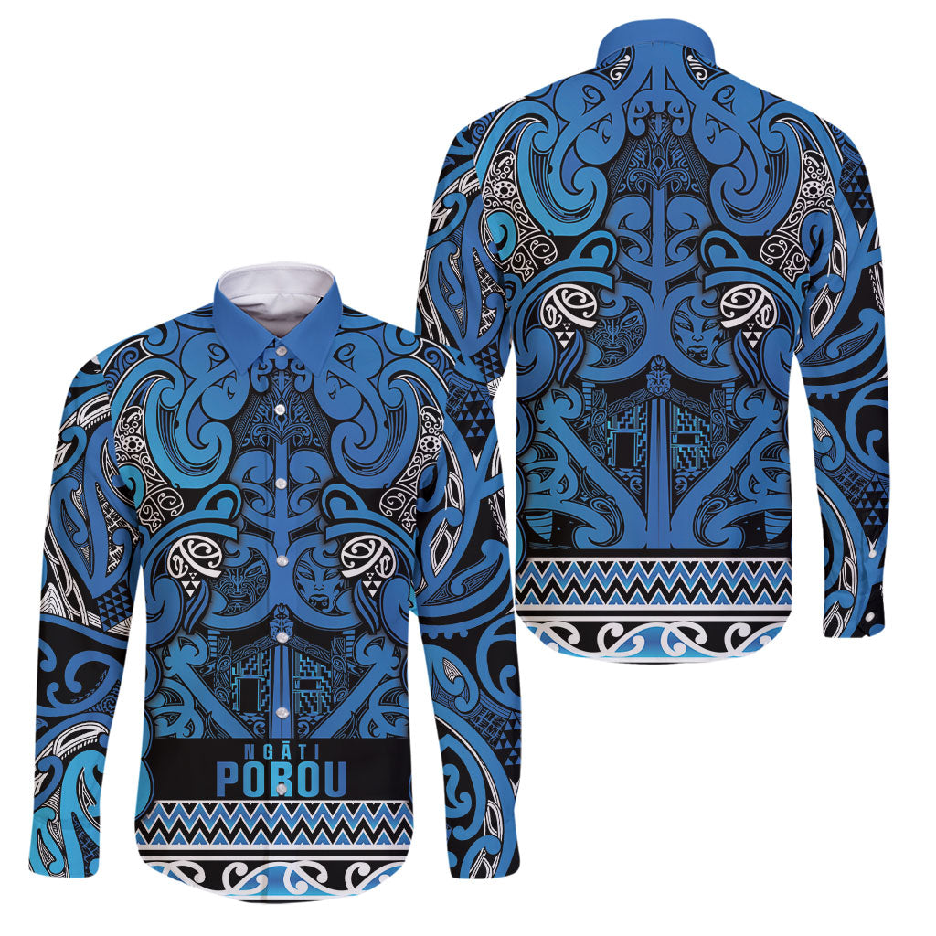 Aotearoa Iwi Ngati Porou Family Matching Mermaid Dress and Hawaiian Shirt Maori Wharenui House Tribal Pattern LT9 Dad's Shirt - Long Sleeve Blue - Polynesian Pride