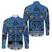Aotearoa Iwi Ngati Porou Family Matching Off The Shoulder Long Sleeve Dress and Hawaiian Shirt Maori Wharenui House Tribal Pattern LT9 Dad's Shirt - Long Sleeve Blue - Polynesian Pride
