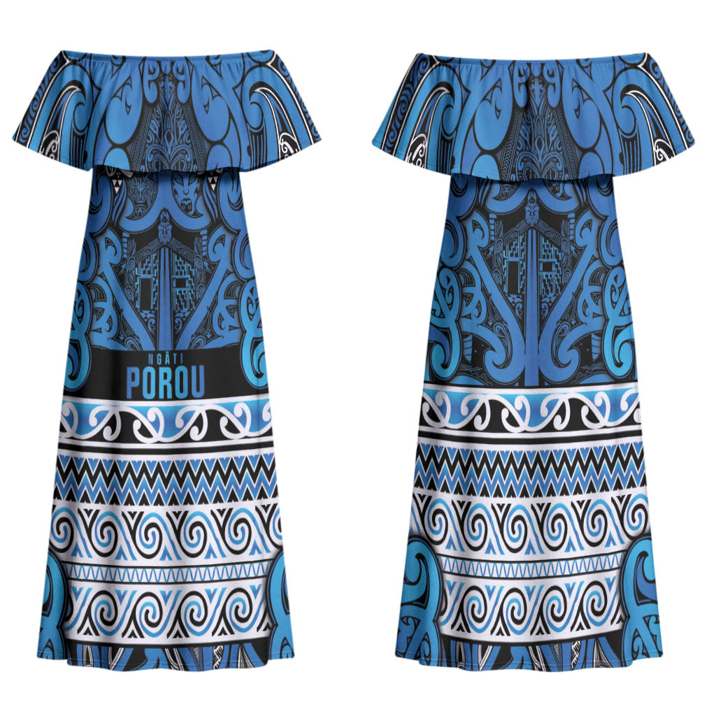 Aotearoa Iwi Ngati Porou Family Matching Off Shoulder Maxi Dress and Hawaiian Shirt Maori Wharenui House Tribal Pattern LT9 Mom's Dress Blue - Polynesian Pride