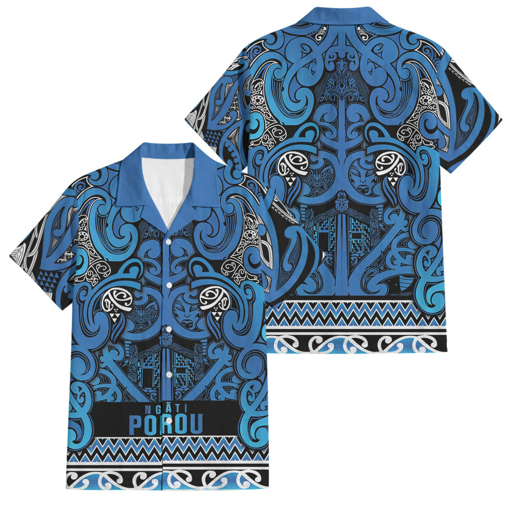 Aotearoa Iwi Ngati Porou Family Matching Off Shoulder Maxi Dress and Hawaiian Shirt Maori Wharenui House Tribal Pattern LT9 Dad's Shirt - Short Sleeve Blue - Polynesian Pride