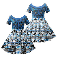 Aotearoa Iwi Ngati Porou Family Matching Off Shoulder Maxi Dress and Hawaiian Shirt Maori Wharenui House Tribal Pattern LT9 Daughter's Dress Blue - Polynesian Pride
