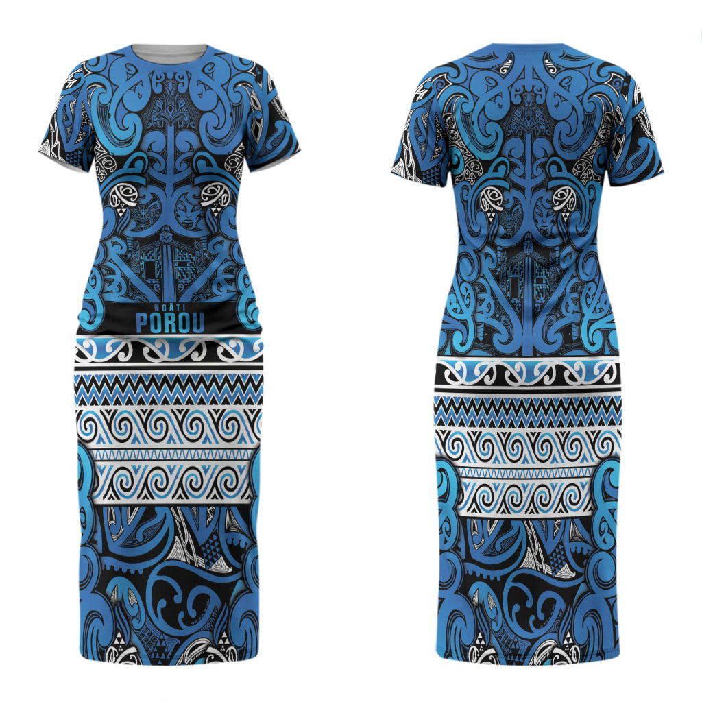 Aotearoa Iwi Ngati Porou Family Matching Short Sleeve Bodycon Dress and Hawaiian Shirt Maori Wharenui House Tribal Pattern LT9 Mom's Dress Blue - Polynesian Pride