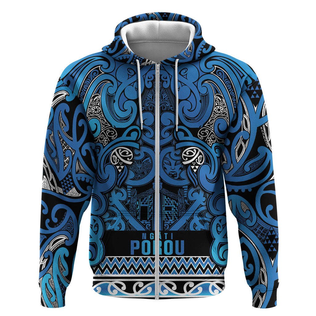 Aotearoa Iwi Ngati Porou Hoodie Maori Wharenui House Tribal Pattern LT9 Zip Hoodie Blue - Polynesian Pride
