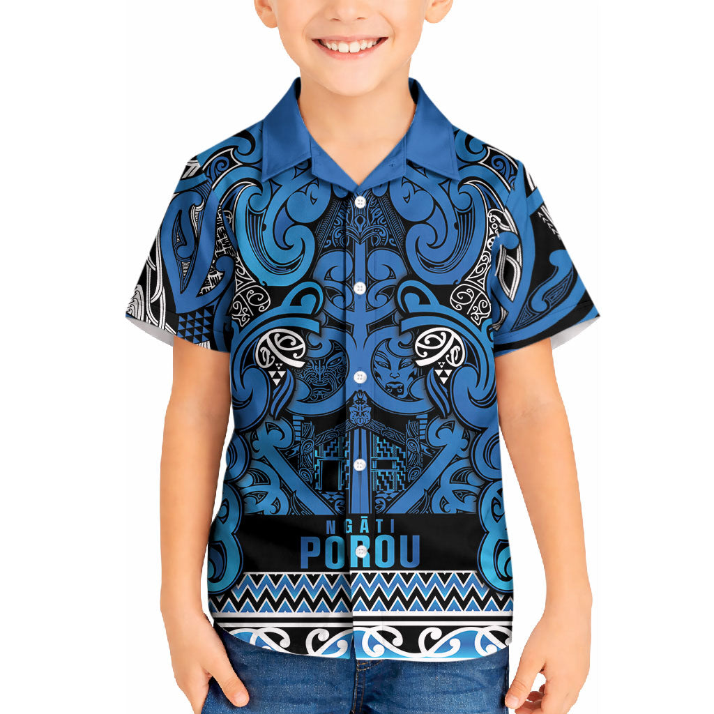 Aotearoa Iwi Ngati Porou Kid Hawaiian Shirt Maori Wharenui House Tribal Pattern LT9 Kid Blue - Polynesian Pride