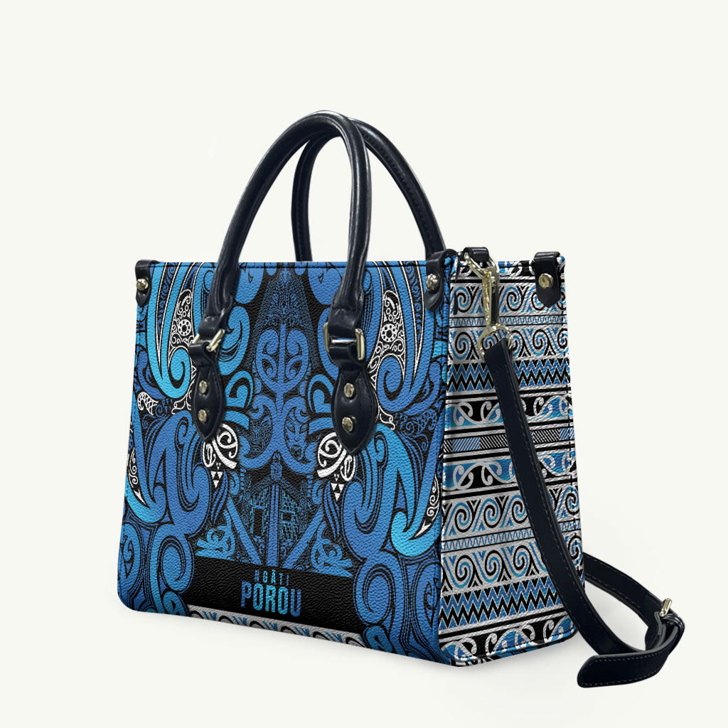Aotearoa Iwi Ngati Porou Leather Bag Maori Wharenui House Tribal Pattern LT9 Blue - Polynesian Pride
