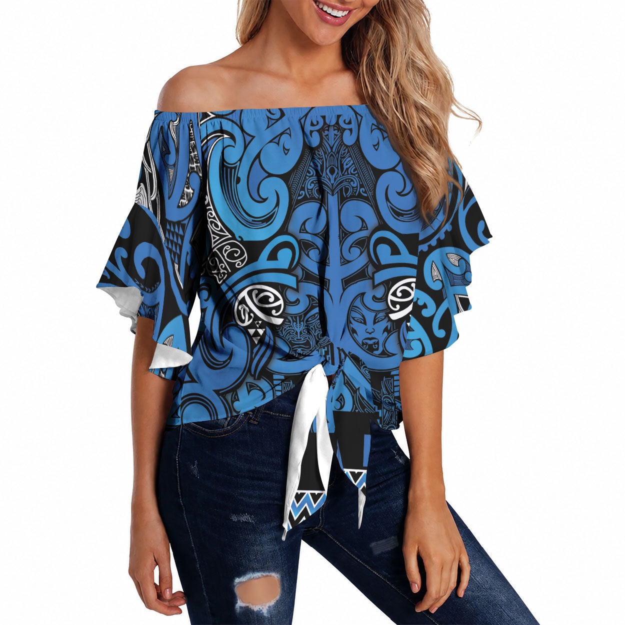 Aotearoa Iwi Ngati Porou Off Shoulder Wrap Waist Top Maori Wharenui House Tribal Pattern LT9 Blue - Polynesian Pride