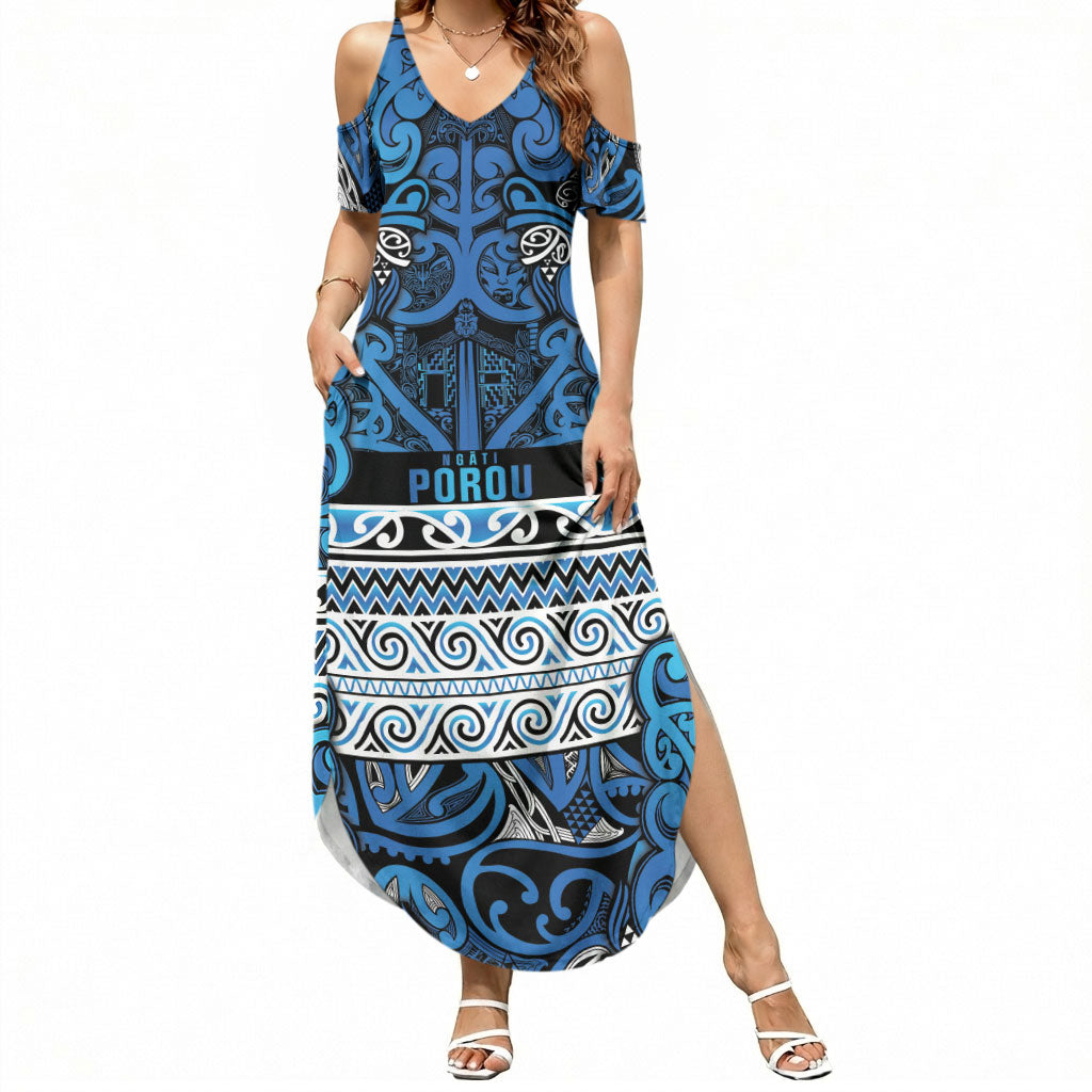 Aotearoa Iwi Ngati Porou Summer Maxi Dress Maori Wharenui House Tribal Pattern LT9 Women Blue - Polynesian Pride