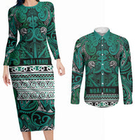 Aotearoa Iwi Ngai Tahu Couples Matching Long Sleeve Bodycon Dress and Long Sleeve Button Shirt Maori Wharenui House Tribal Pattern LT9 Turquoise - Polynesian Pride