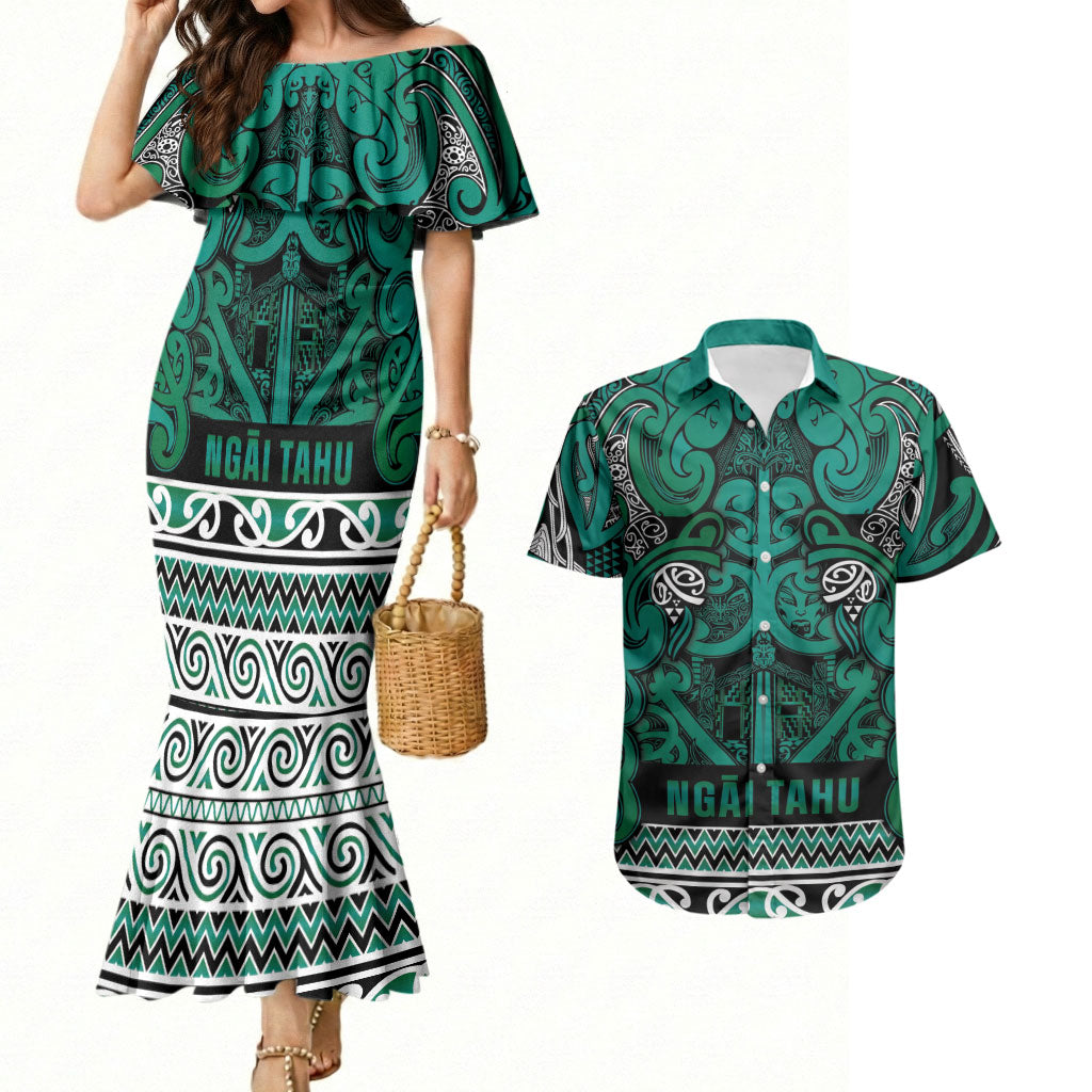 Aotearoa Iwi Ngai Tahu Couples Matching Mermaid Dress and Hawaiian Shirt Maori Wharenui House Tribal Pattern LT9 Turquoise - Polynesian Pride