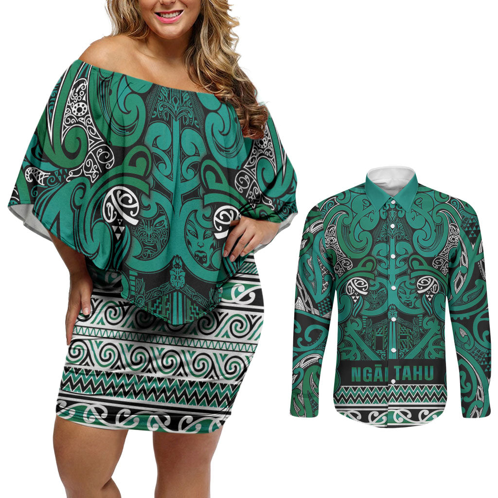 Aotearoa Iwi Ngai Tahu Couples Matching Off Shoulder Short Dress and Long Sleeve Button Shirt Maori Wharenui House Tribal Pattern LT9 Turquoise - Polynesian Pride