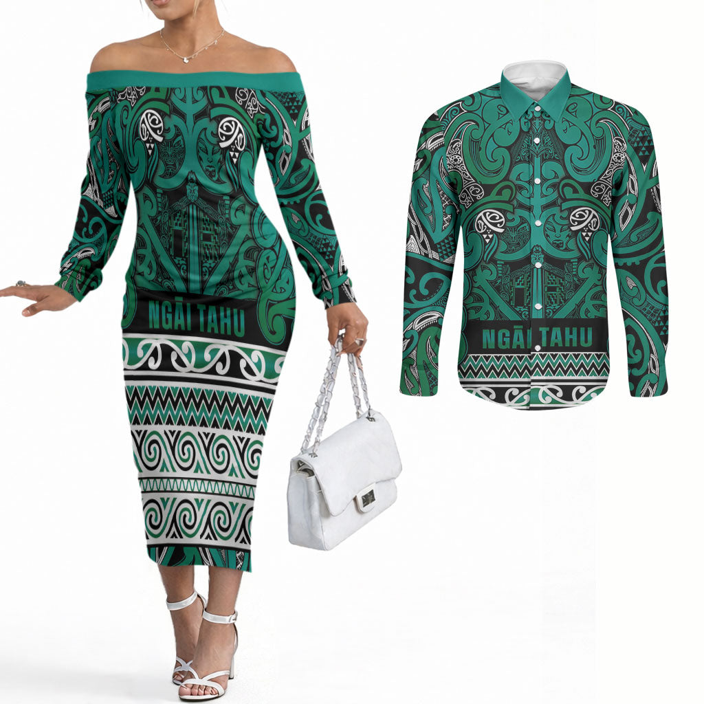 Aotearoa Iwi Ngai Tahu Couples Matching Off The Shoulder Long Sleeve Dress and Long Sleeve Button Shirt Maori Wharenui House Tribal Pattern LT9 Turquoise - Polynesian Pride
