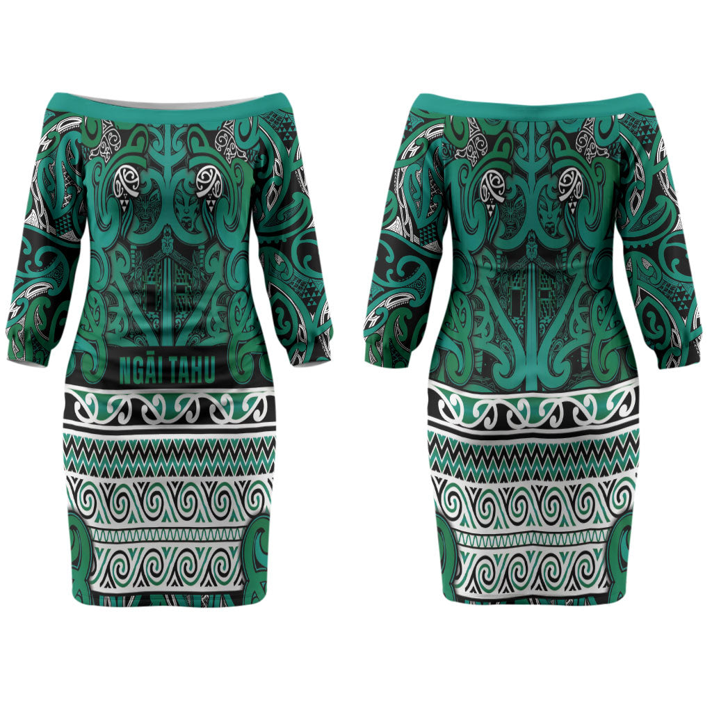 Aotearoa Iwi Ngai Tahu Couples Matching Off The Shoulder Long Sleeve Dress and Long Sleeve Button Shirt Maori Wharenui House Tribal Pattern LT9 - Polynesian Pride