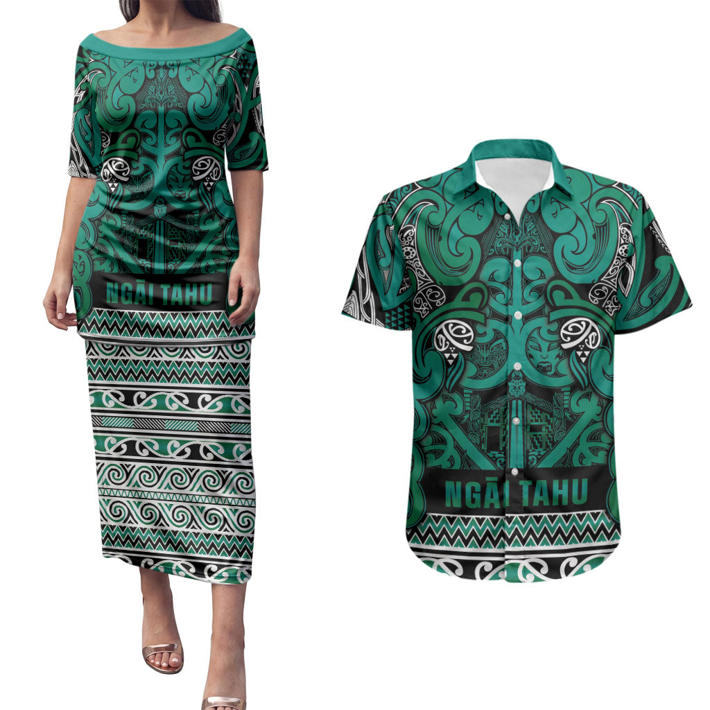 Aotearoa Iwi Ngai Tahu Couples Matching Puletasi and Hawaiian Shirt Maori Wharenui House Tribal Pattern LT9 Turquoise - Polynesian Pride