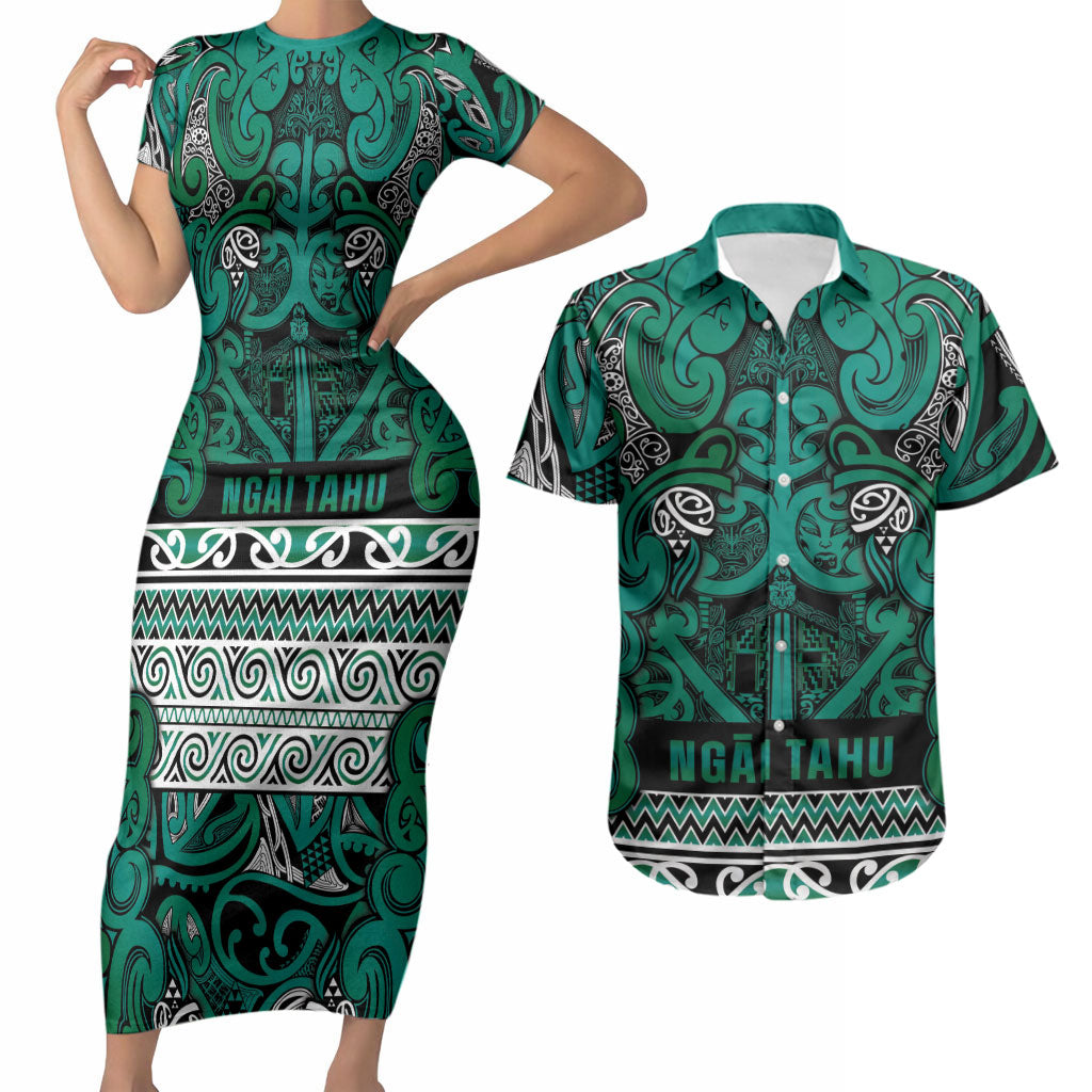Aotearoa Iwi Ngai Tahu Couples Matching Short Sleeve Bodycon Dress and Hawaiian Shirt Maori Wharenui House Tribal Pattern LT9 Turquoise - Polynesian Pride