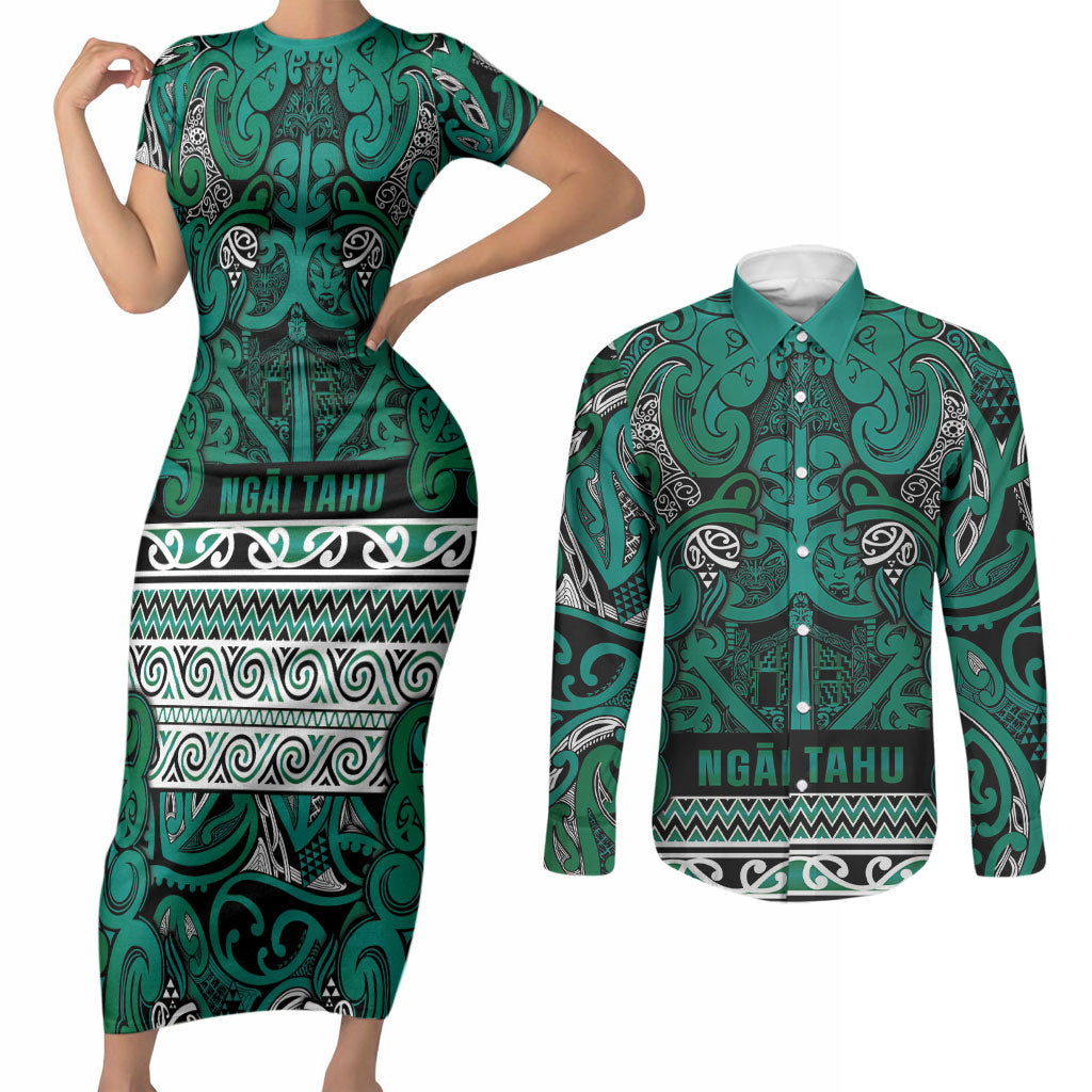 Aotearoa Iwi Ngai Tahu Couples Matching Short Sleeve Bodycon Dress and Long Sleeve Button Shirt Maori Wharenui House Tribal Pattern LT9 Turquoise - Polynesian Pride