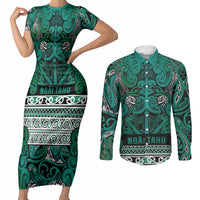 Aotearoa Iwi Ngai Tahu Couples Matching Short Sleeve Bodycon Dress and Long Sleeve Button Shirt Maori Wharenui House Tribal Pattern LT9 Turquoise - Polynesian Pride