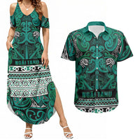 Aotearoa Iwi Ngai Tahu Couples Matching Summer Maxi Dress and Hawaiian Shirt Maori Wharenui House Tribal Pattern LT9 Turquoise - Polynesian Pride