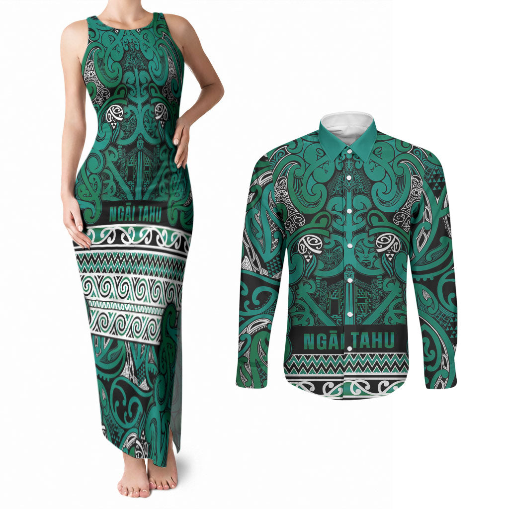 Aotearoa Iwi Ngai Tahu Couples Matching Tank Maxi Dress and Long Sleeve Button Shirt Maori Wharenui House Tribal Pattern LT9 Turquoise - Polynesian Pride