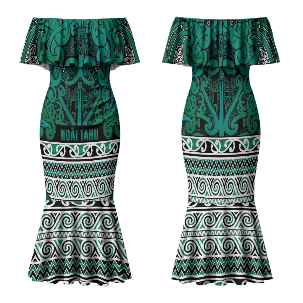 Aotearoa Iwi Ngai Tahu Family Matching Mermaid Dress and Hawaiian Shirt Maori Wharenui House Tribal Pattern LT9 Mom's Dress Turquoise - Polynesian Pride