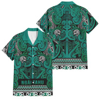Aotearoa Iwi Ngai Tahu Family Matching Mermaid Dress and Hawaiian Shirt Maori Wharenui House Tribal Pattern LT9 Dad's Shirt - Short Sleeve Turquoise - Polynesian Pride