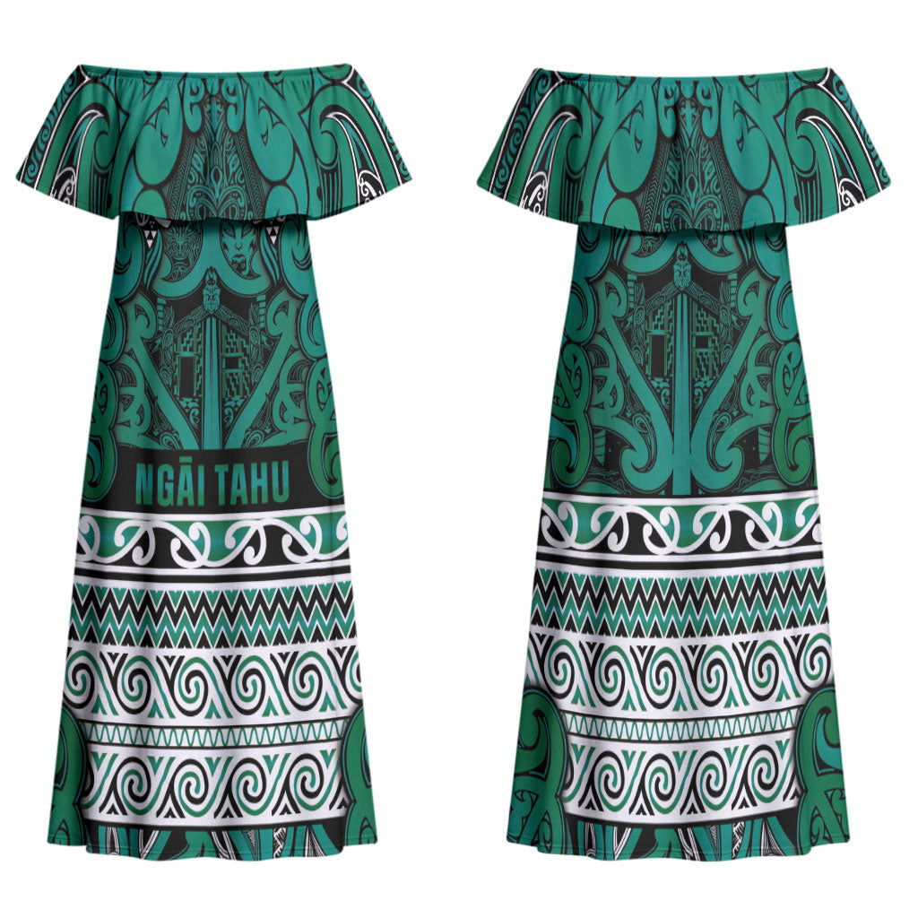 Aotearoa Iwi Ngai Tahu Family Matching Off Shoulder Maxi Dress and Hawaiian Shirt Maori Wharenui House Tribal Pattern LT9 Mom's Dress Turquoise - Polynesian Pride