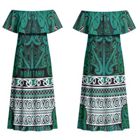 Aotearoa Iwi Ngai Tahu Family Matching Off Shoulder Maxi Dress and Hawaiian Shirt Maori Wharenui House Tribal Pattern LT9 Mom's Dress Turquoise - Polynesian Pride
