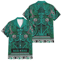 Aotearoa Iwi Ngai Tahu Family Matching Off Shoulder Maxi Dress and Hawaiian Shirt Maori Wharenui House Tribal Pattern LT9 Dad's Shirt - Short Sleeve Turquoise - Polynesian Pride