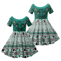 Aotearoa Iwi Ngai Tahu Family Matching Off Shoulder Maxi Dress and Hawaiian Shirt Maori Wharenui House Tribal Pattern LT9 Daughter's Dress Turquoise - Polynesian Pride