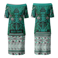 Aotearoa Iwi Ngai Tahu Family Matching Puletasi and Hawaiian Shirt Maori Wharenui House Tribal Pattern LT9 Mom's Dress Turquoise - Polynesian Pride