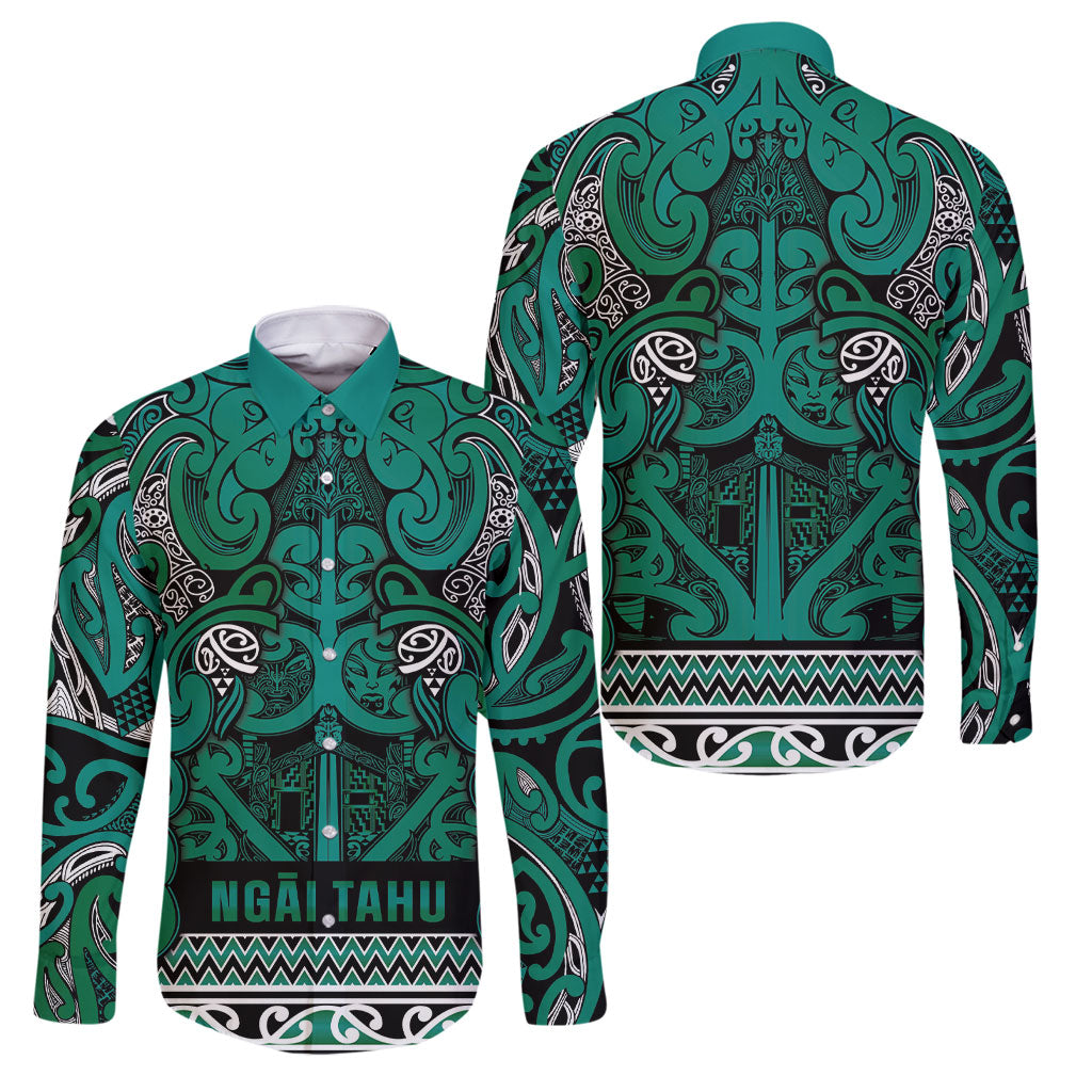 Aotearoa Iwi Ngai Tahu Family Matching Puletasi and Hawaiian Shirt Maori Wharenui House Tribal Pattern LT9 Dad's Shirt - Long Sleeve Turquoise - Polynesian Pride