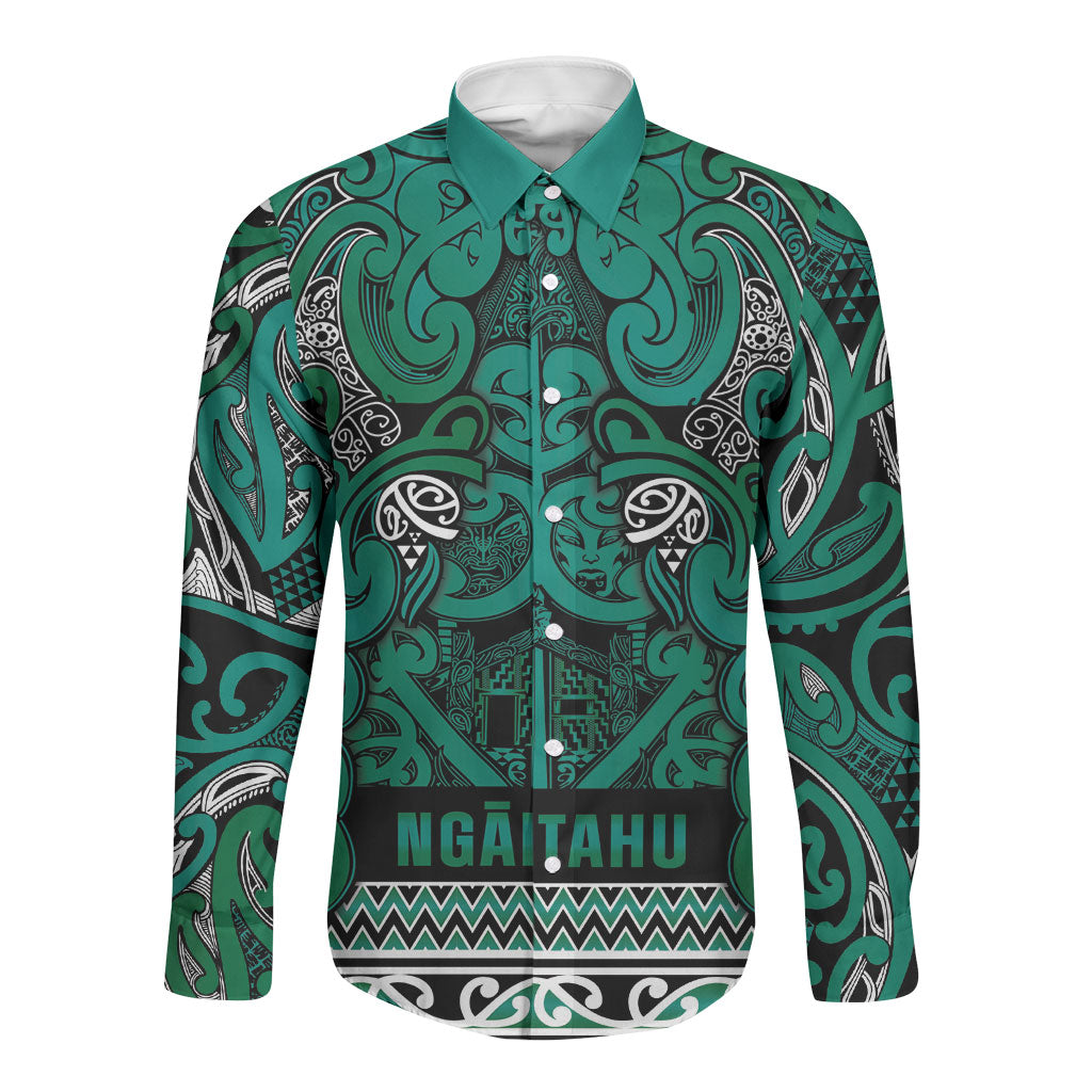 Aotearoa Iwi Ngai Tahu Long Sleeve Button Shirt Maori Wharenui House Tribal Pattern LT9 Unisex Turquoise - Polynesian Pride