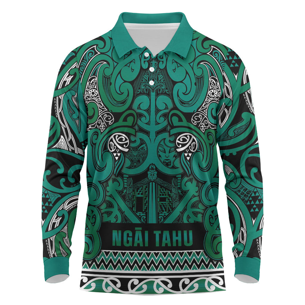 Aotearoa Iwi Ngai Tahu Long Sleeve Polo Shirt Maori Wharenui House Tribal Pattern LT9 Turquoise - Polynesian Pride