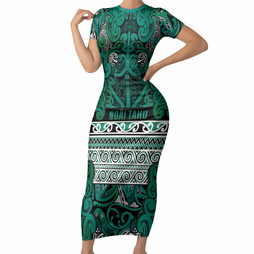 Aotearoa Iwi Ngai Tahu Short Sleeve Bodycon Dress Maori Wharenui House Tribal Pattern LT9 Long Dress Turquoise - Polynesian Pride