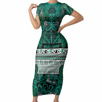 Aotearoa Iwi Ngai Tahu Short Sleeve Bodycon Dress Maori Wharenui House Tribal Pattern LT9 Long Dress Turquoise - Polynesian Pride