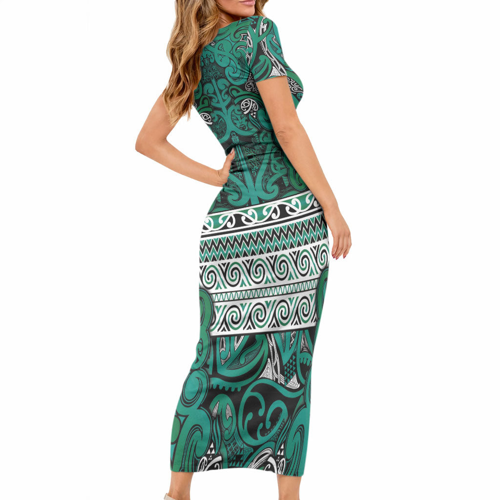 Aotearoa Iwi Ngai Tahu Short Sleeve Bodycon Dress Maori Wharenui House Tribal Pattern LT9 - Polynesian Pride