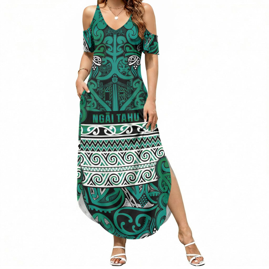 Aotearoa Iwi Ngai Tahu Summer Maxi Dress Maori Wharenui House Tribal Pattern LT9 Women Turquoise - Polynesian Pride