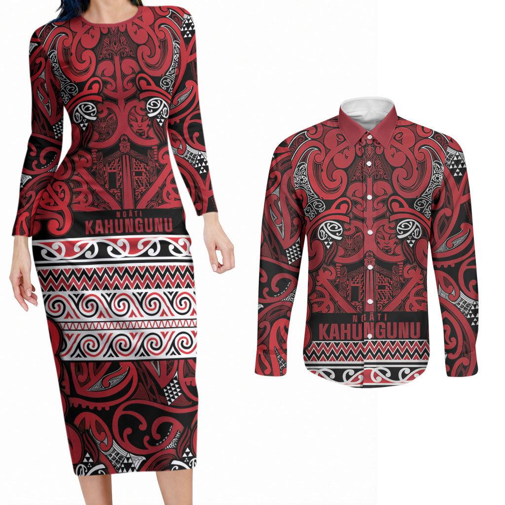 Aotearoa Iwi Ngati Kahungunu Couples Matching Long Sleeve Bodycon Dress and Long Sleeve Button Shirt Maori Wharenui House Tribal Pattern LT9 Dark red - Polynesian Pride